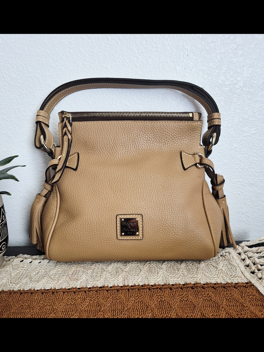 Dooney & Bourke Tan Leather Pebble Grain Tassel Hobo Shoulder Bag